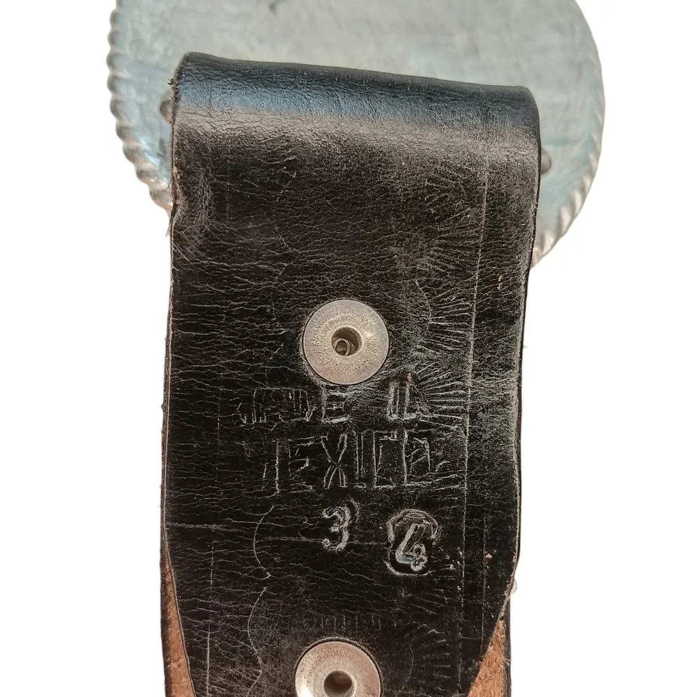 Black Leather Belt Woven Detail Scallop Design Gold Silver Sparkle Buckle